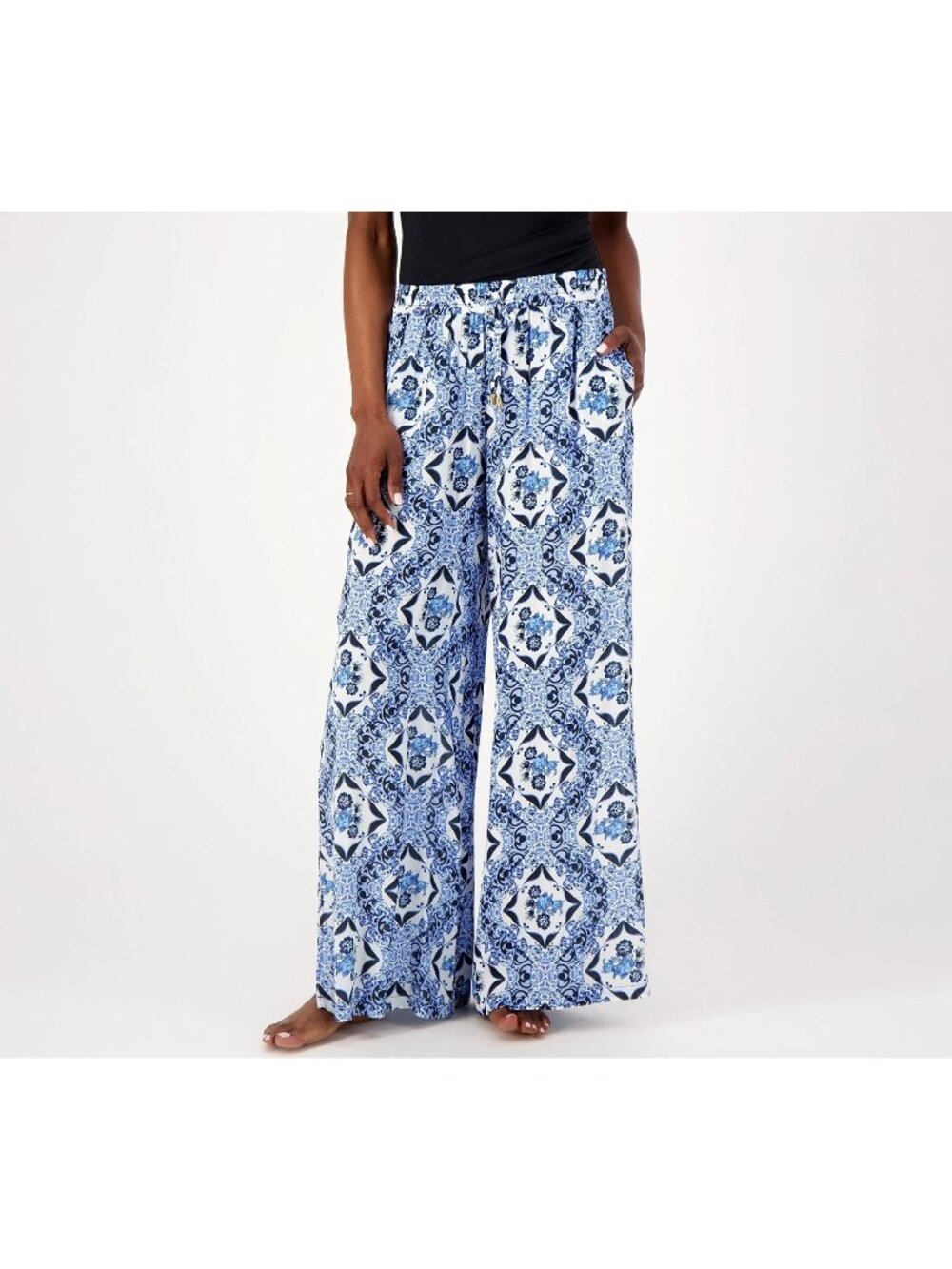 Jantzen Pants Small Reg Wide Leg Printed Pull On Woven Cover Up Blue Ceramic NEW